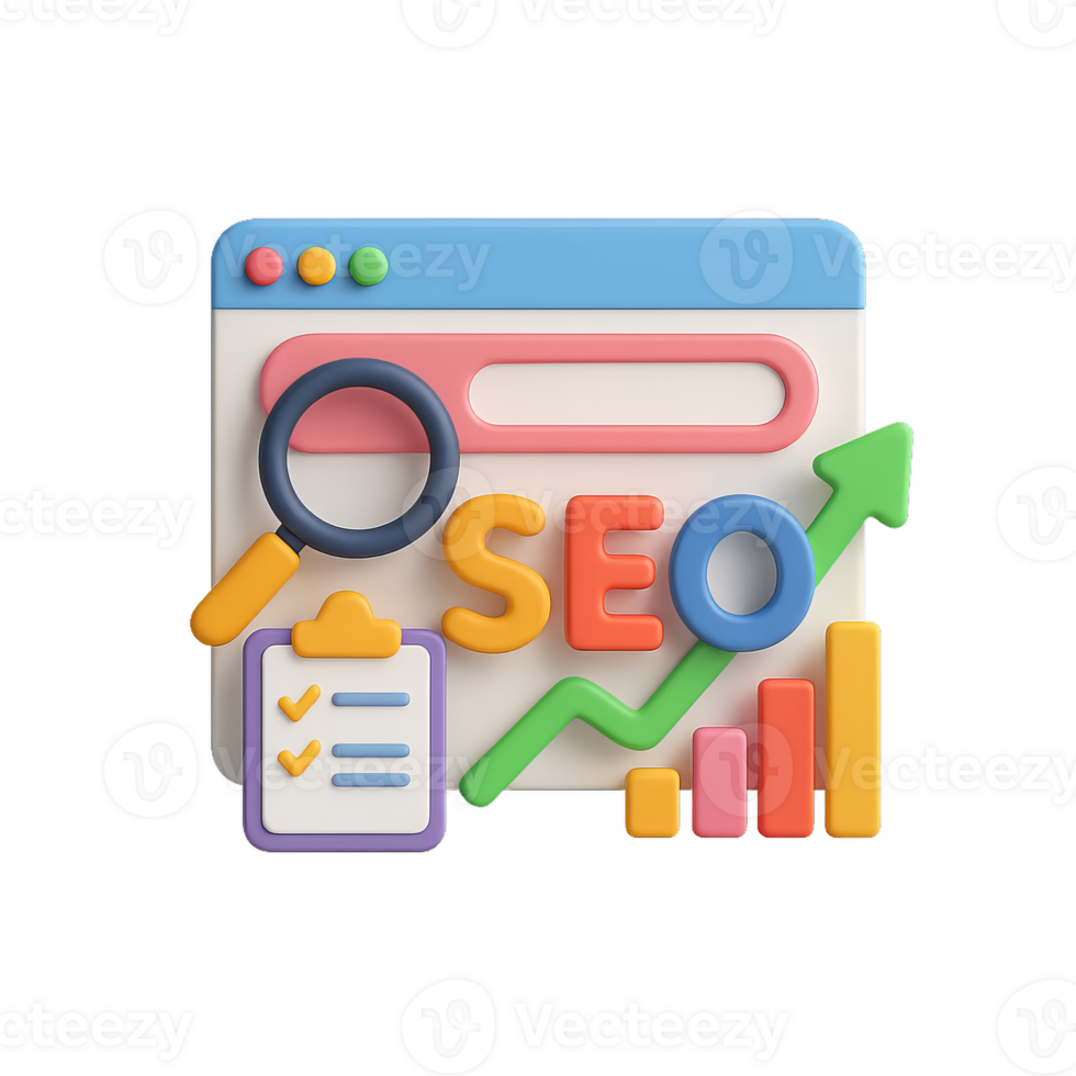 3D SEO Design with Graphs and Checklist for Digital Marketing png