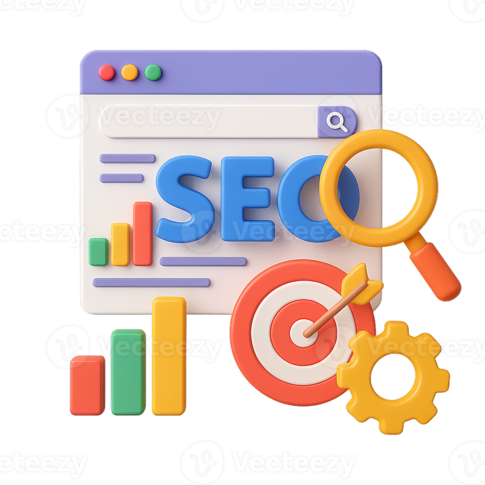 Colorful 3D SEO Design with Chart, Target, and Magnifying Glass png
