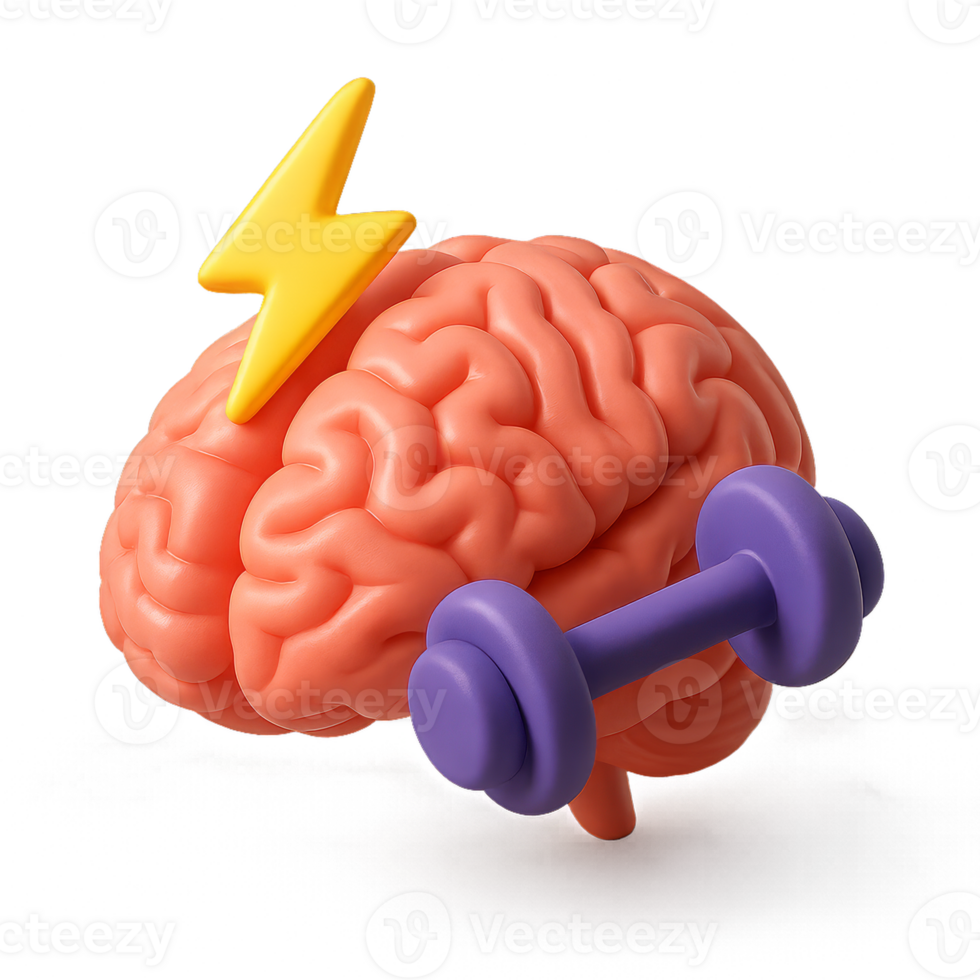 3D Render of Brain with Enhancement Symbol and Dumbbell for Fitness png