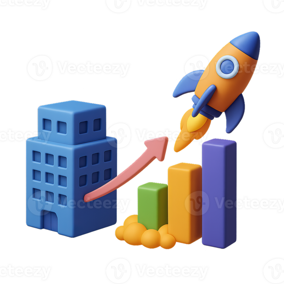 3D Illustration of Enterprise Transformation with Rocket and Graphs png