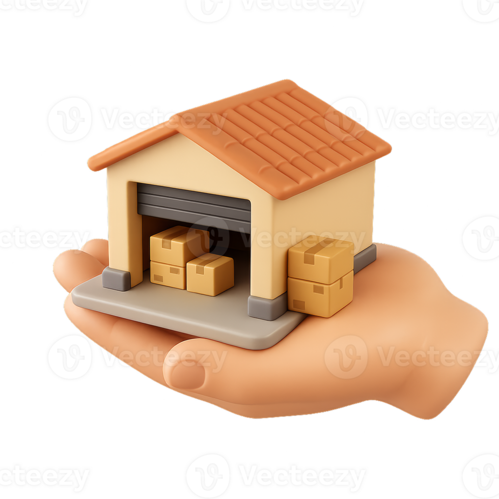 Handheld 3D Model of a Warehouse with Packages in a Palm png