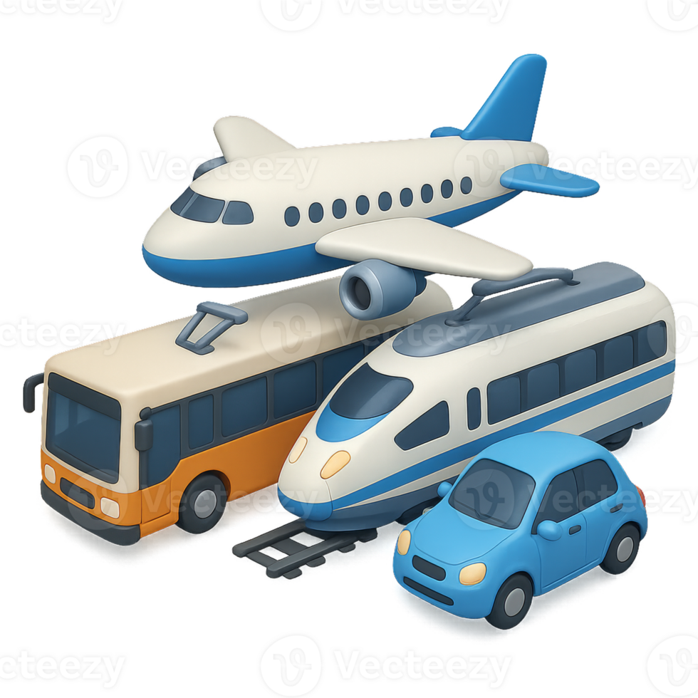 3D Simple Transport Hub with Airplane, Train, Bus, and Car Icons png