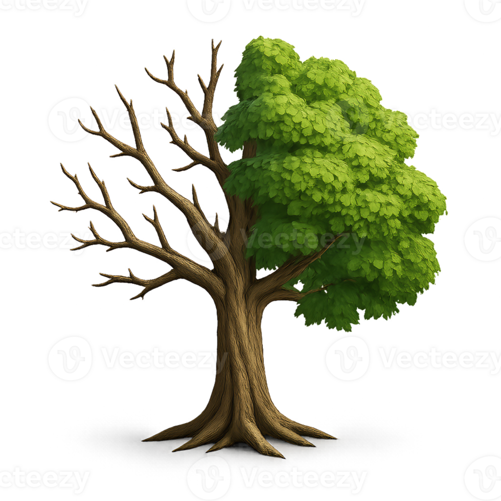 Bifurcated Tree with Lush Green Leaves and Dry Branches png
