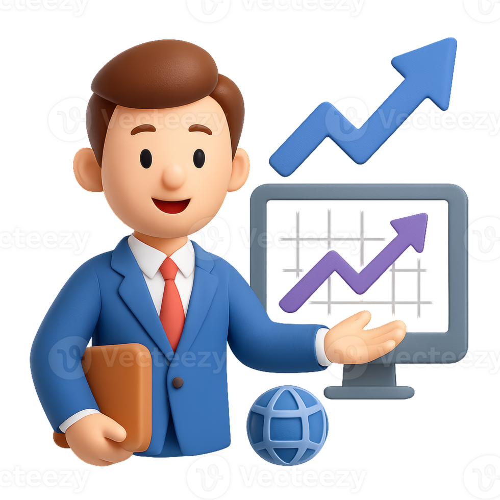 3D Business Assistant Presenting Growth and Success Concepts png