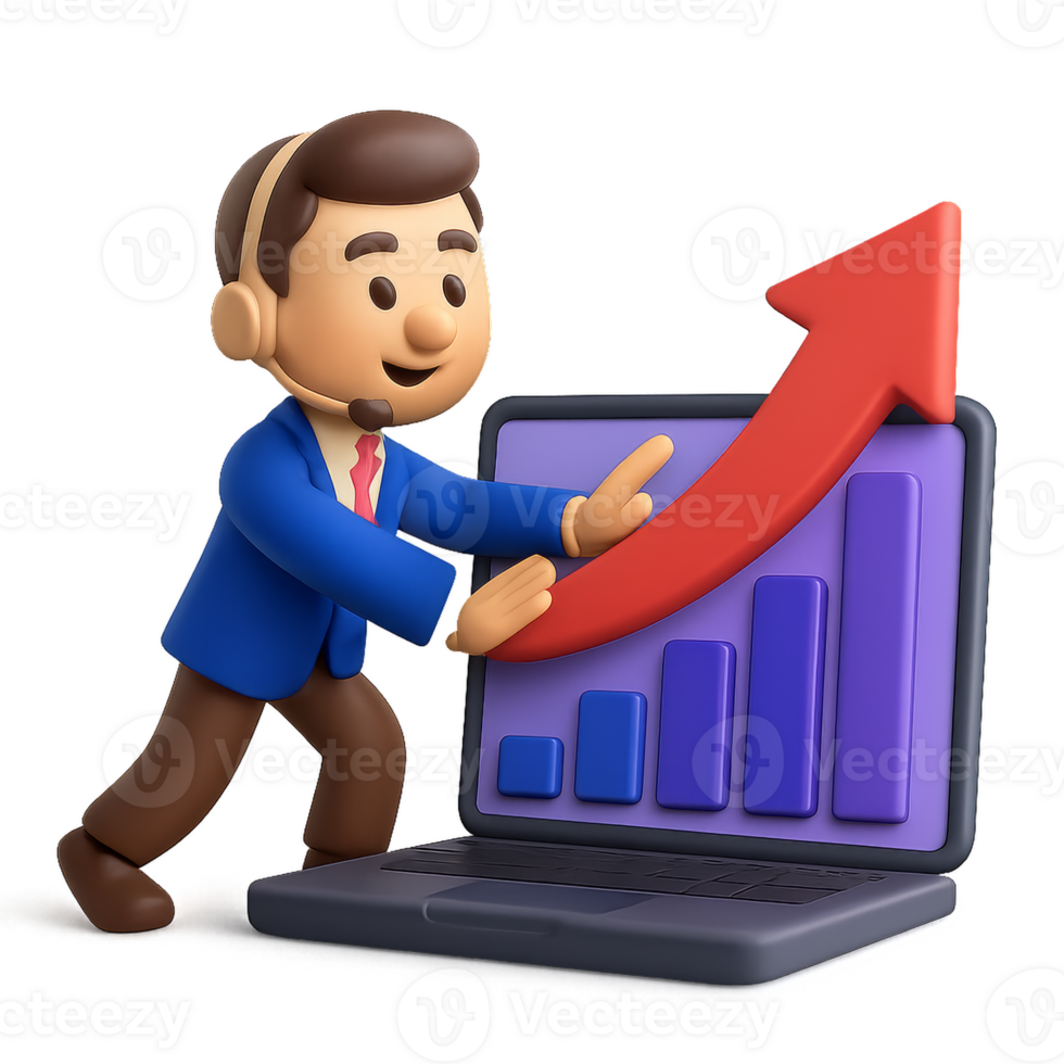 3D Business Assistant Presenting Growth Metrics on Laptop Graph png