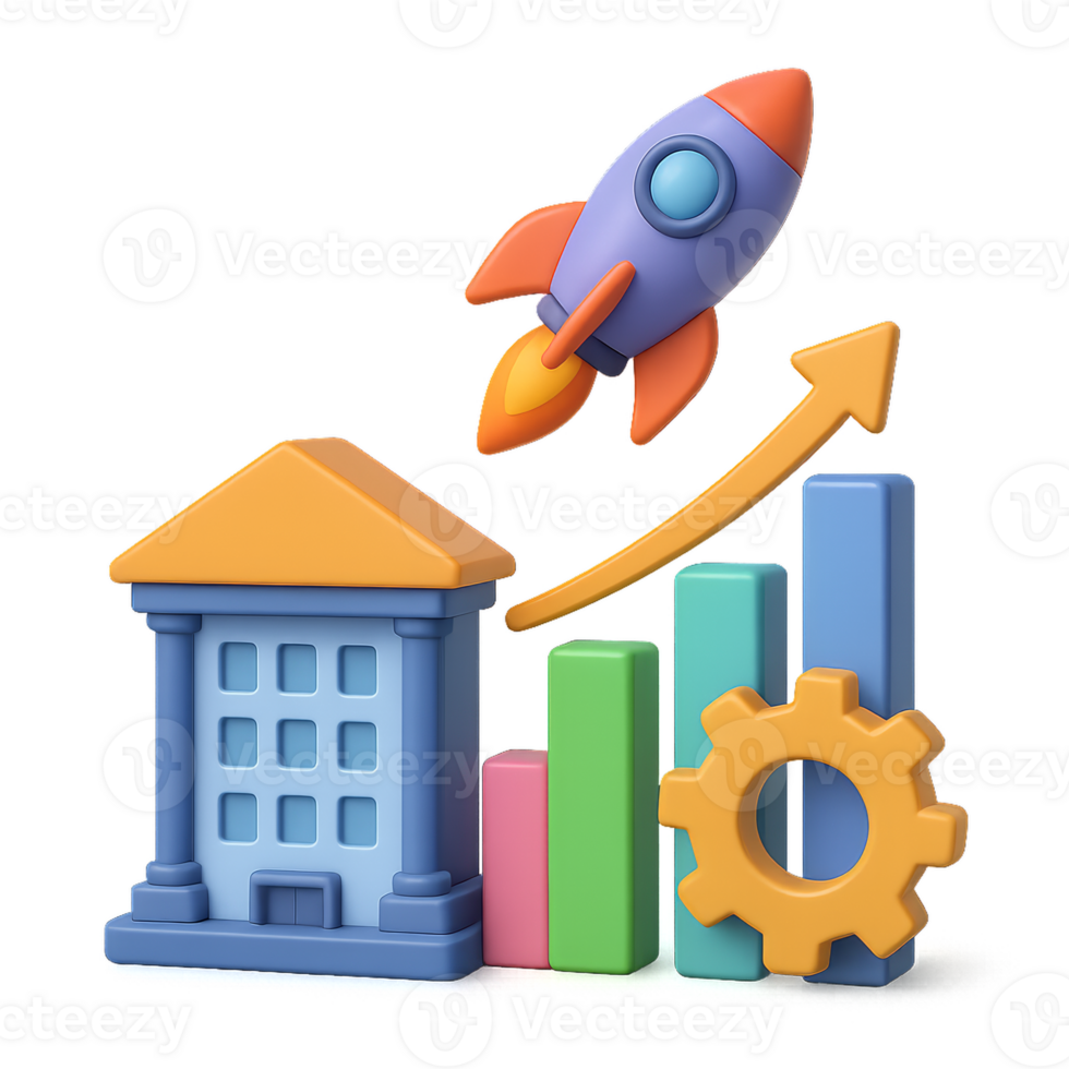 3D Illustration of Business Growth with Rocket and Graph Elements png