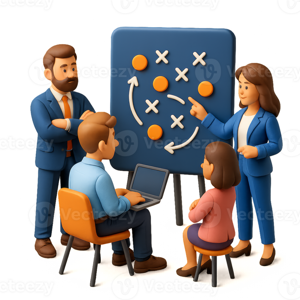 Professional Teamwork Planning Session in 3D Animation Style png