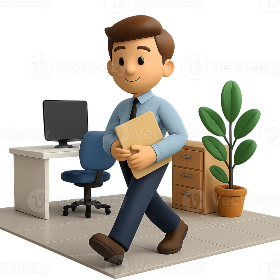 Cartoon 3D Office Worker Walking with Folder in Modern Workspace png