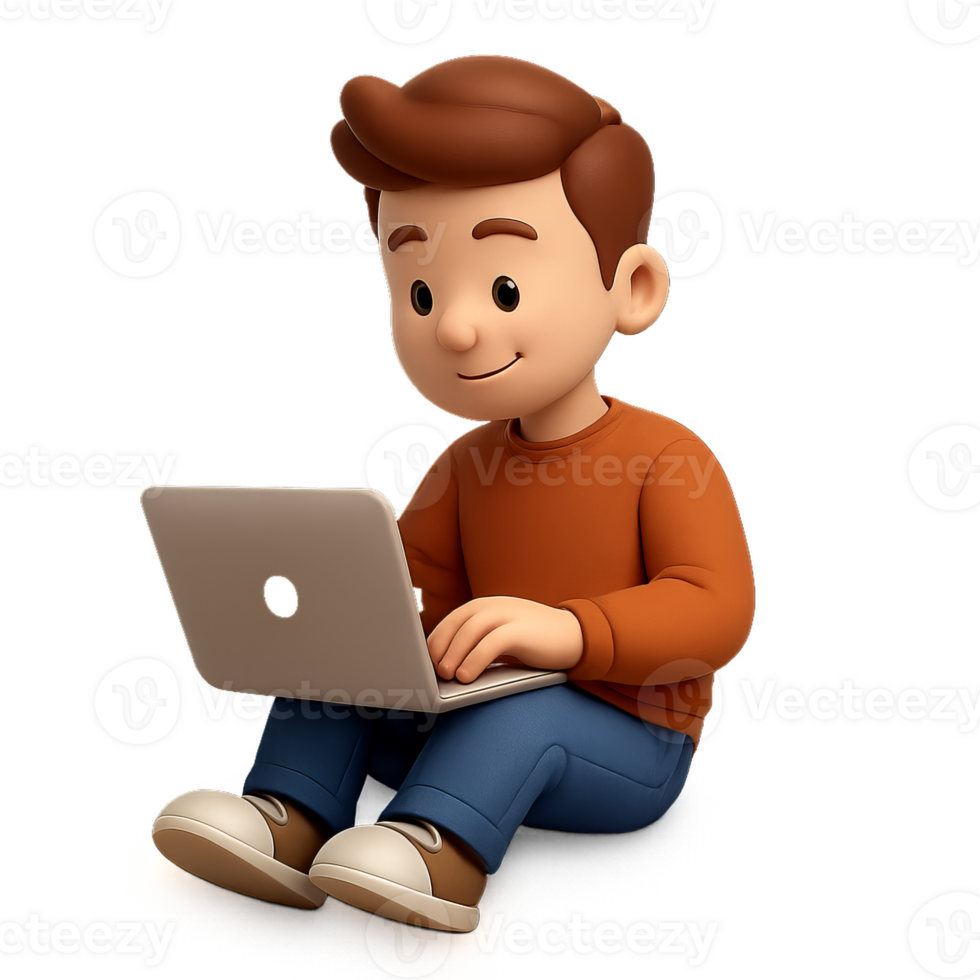 Cartoon Character Using Laptop at Workstation in 3D Style Design png