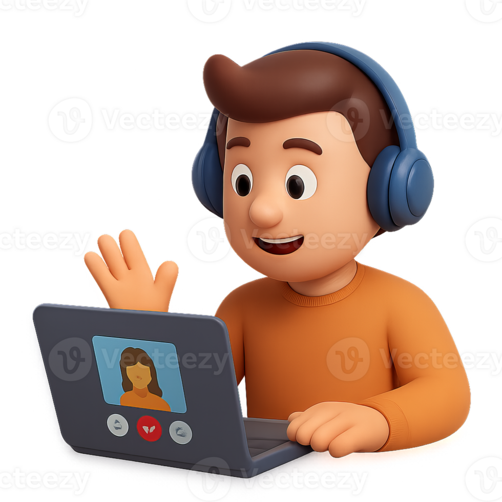 Engaging Cartoon Character in Virtual Meeting with Laptop Setup png