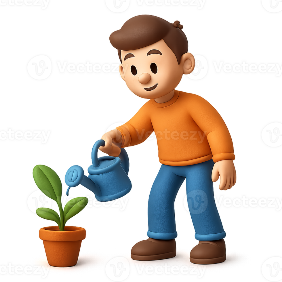 Cartoon Gardener Watering Plant in Delightful Simple Composition png