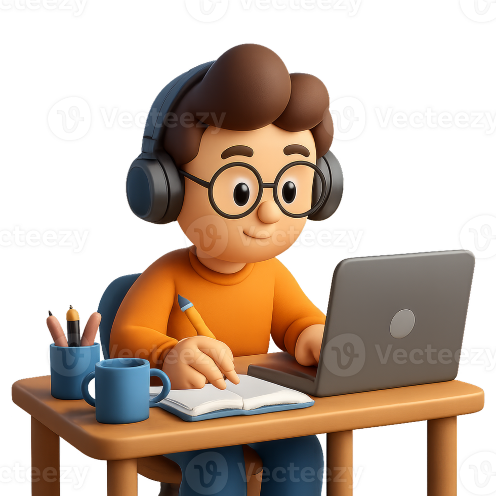 Young Student Engaged in 3D Cartoon Study with Laptop and Notebook png