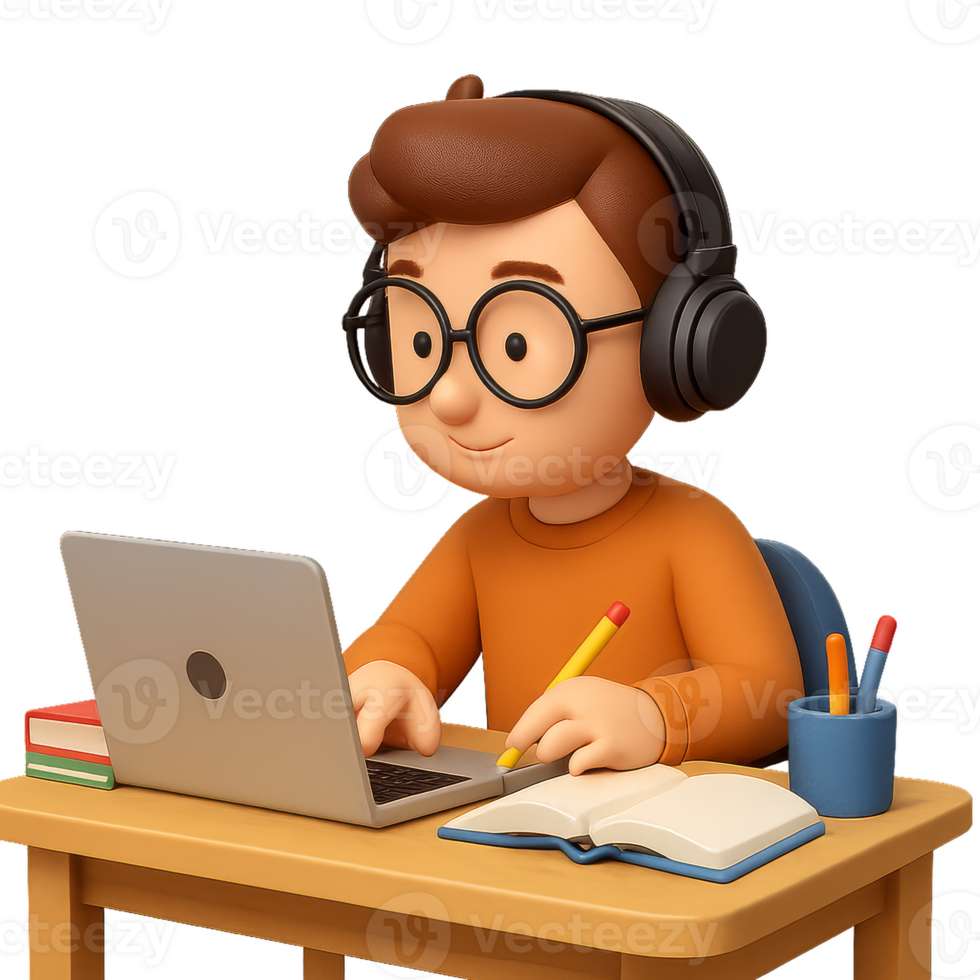 3D Cartoon Character Studying with Laptop and Stationery Items png