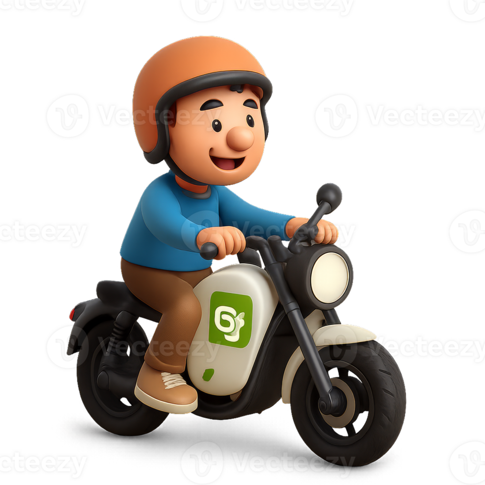 Cartoon Character Riding a 3D Electric Motorcycle in a Playful Style png