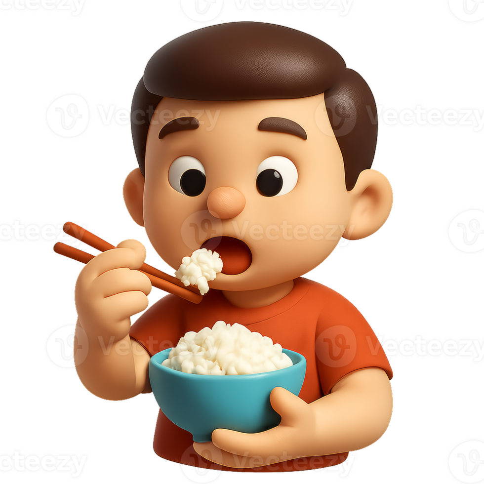Cartoon Child Enjoys Eating Rice with Chopsticks in a Simple Style png
