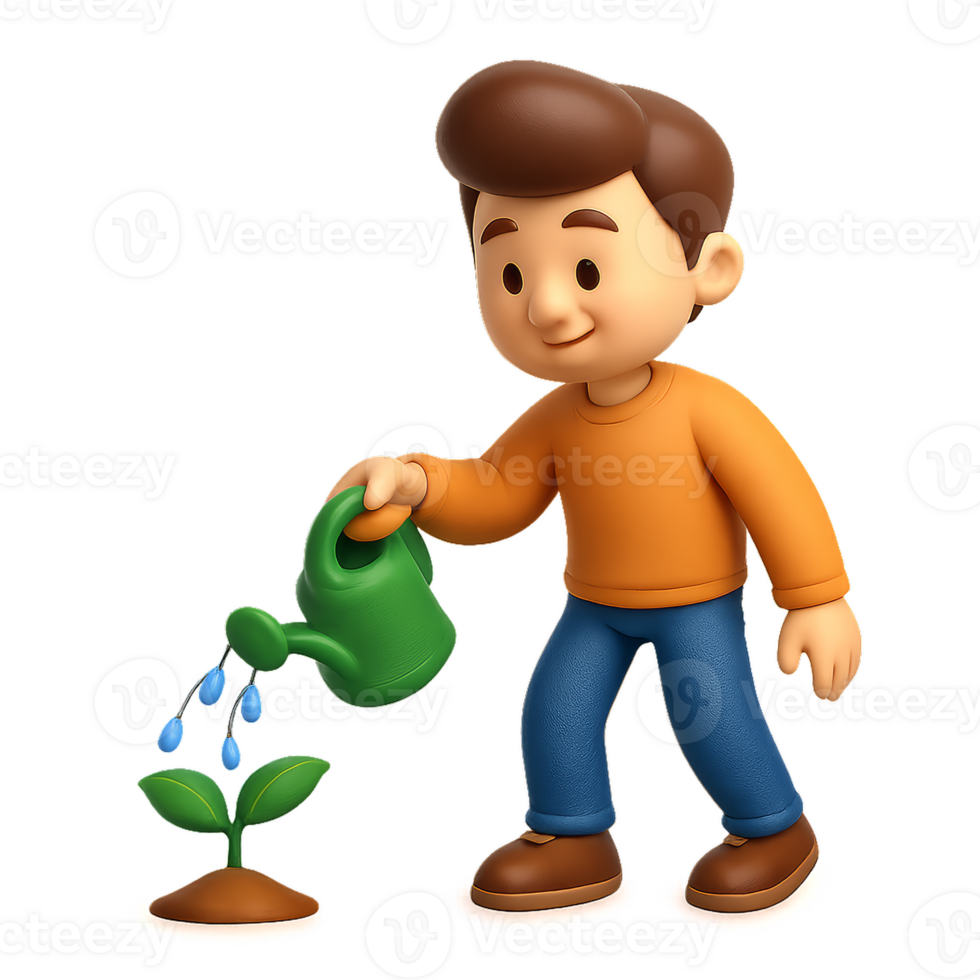 Cheerful Cartoon Gardener Watering a Young Plant with Care png
