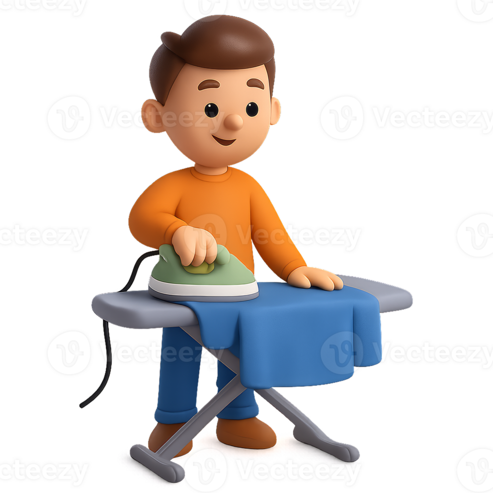 Simple 3D Cartoon Character Ironing a Shirt on a Board png