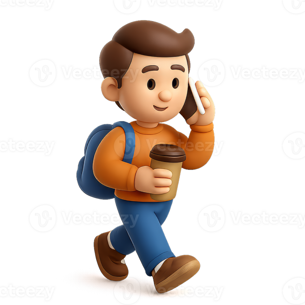 Cartoon Character Enjoying a Coffee While Walking in 3D Animation png