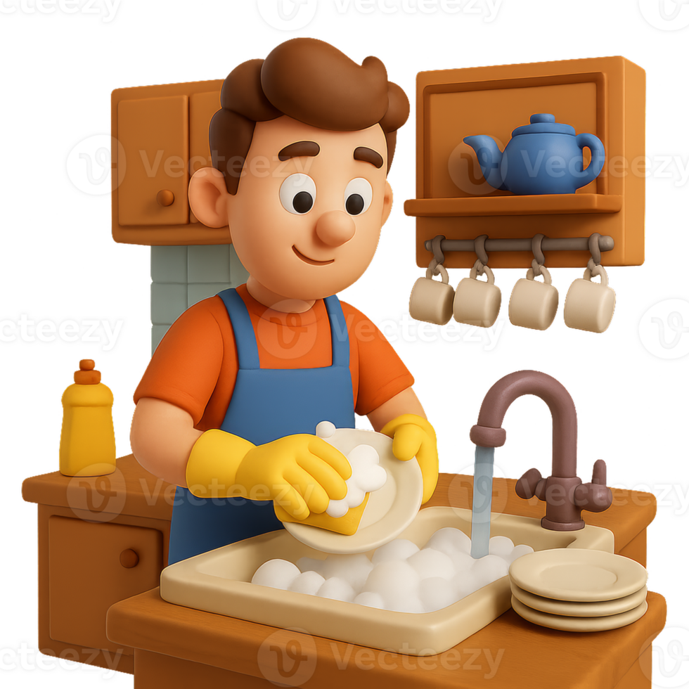 Cartoon Character Washing Dishes in a Bright Kitchen Setting png