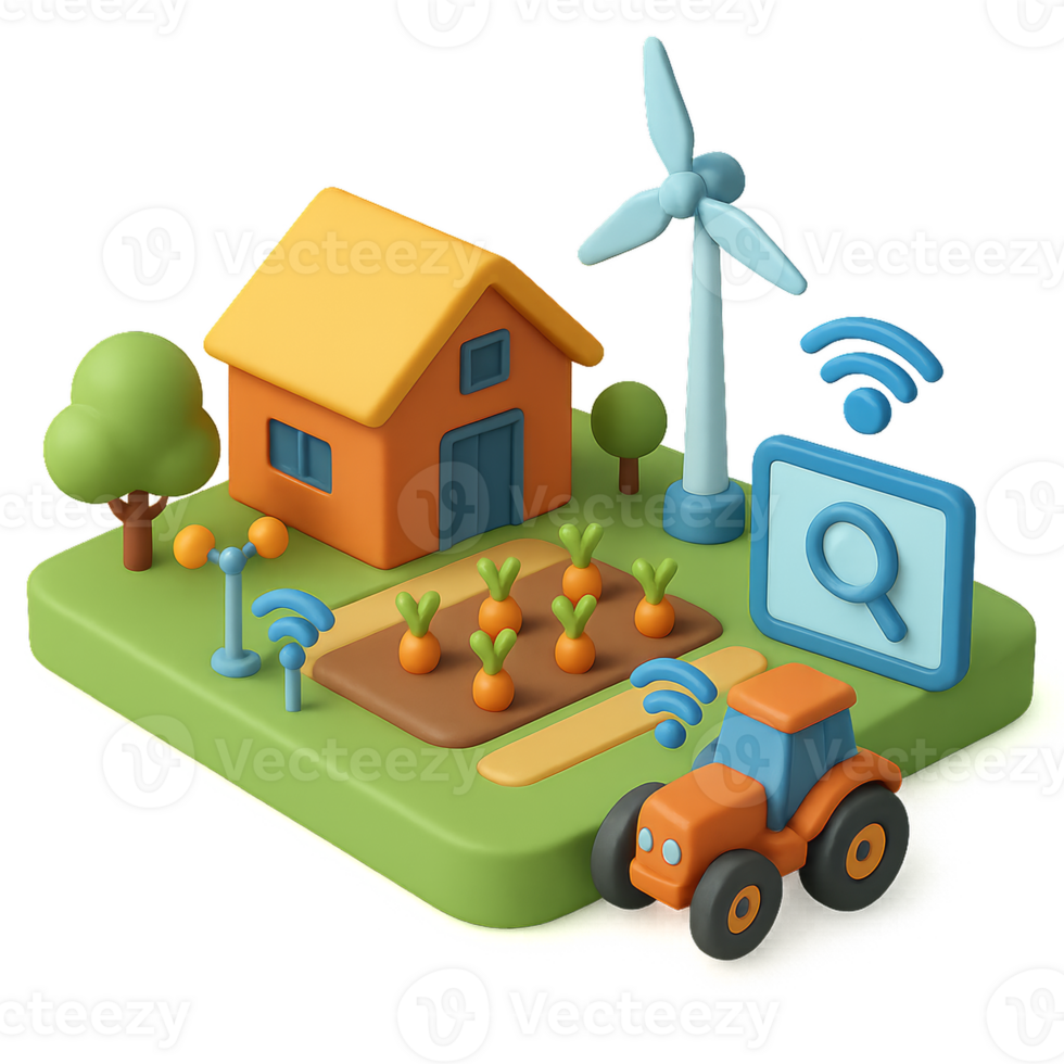 Colorful 3D Smart Farm with Tractor Wind Turbine Elements png