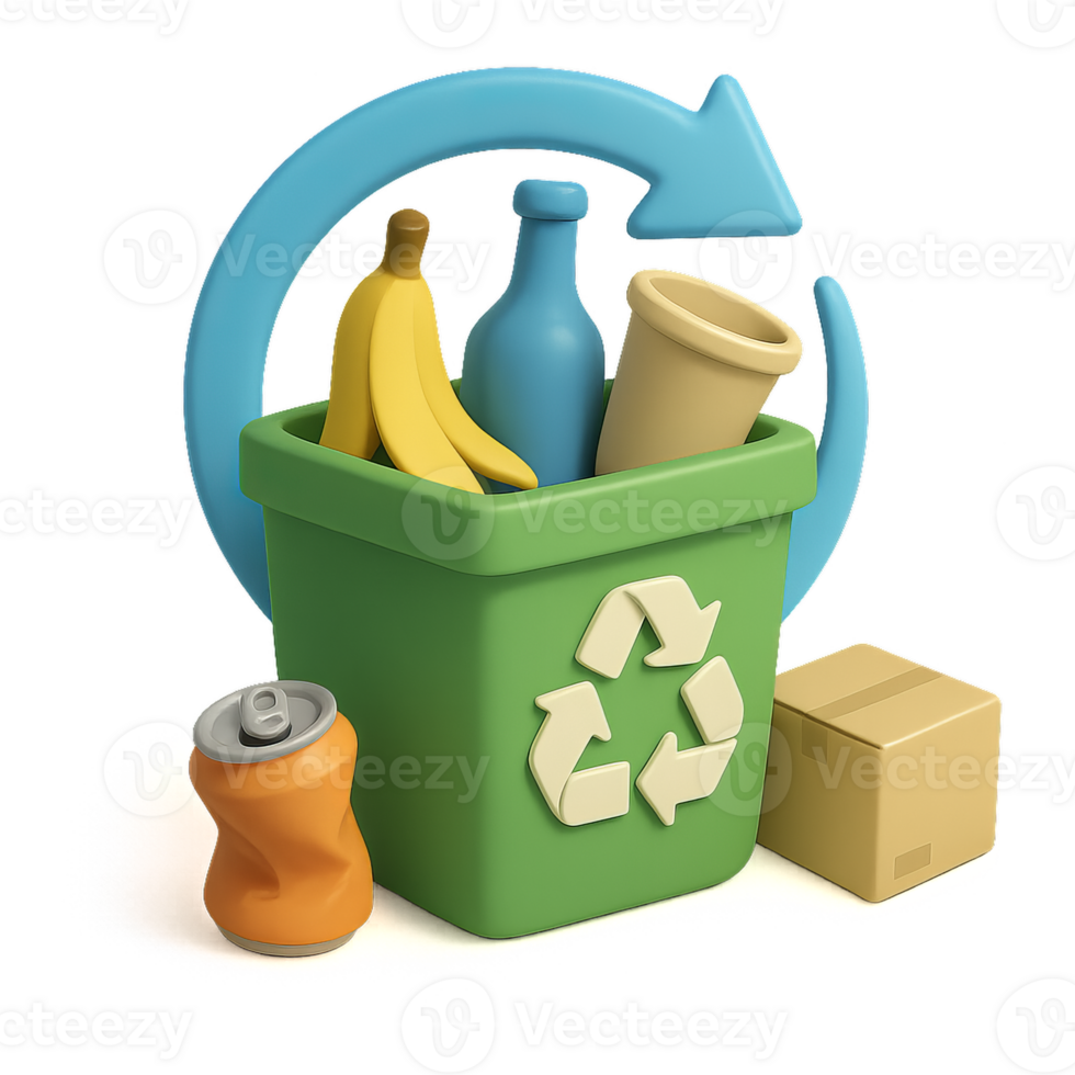 3D Illustration of Recycling Concept with Colorful Waste Items png