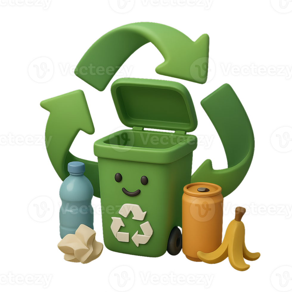 3D Recycling Symbols with Bin and Waste Items in Simple Design png