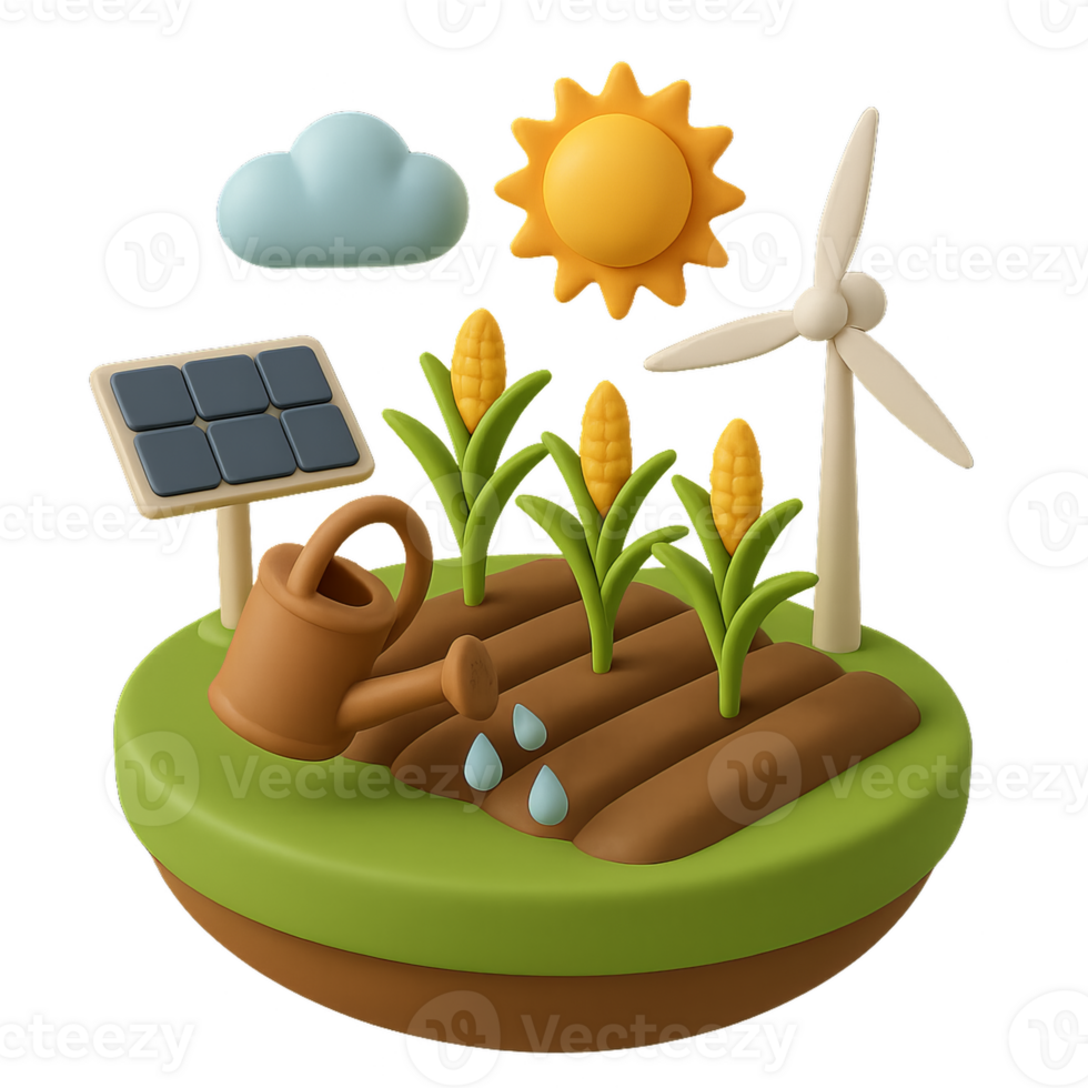 3D Sustainable Farming Concept with Wind Energy and Solar Power png