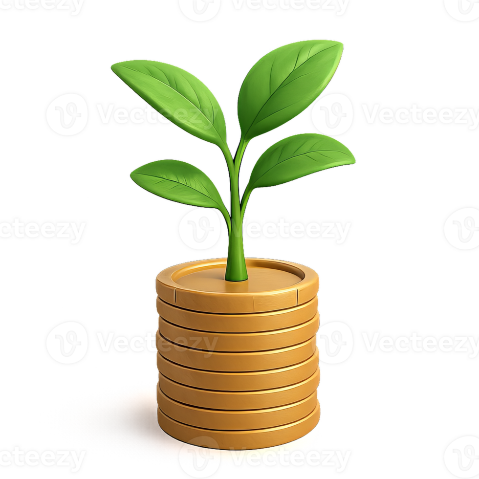 Green Plant Growth Emerging from Stacked Coins in 3D Perspective png