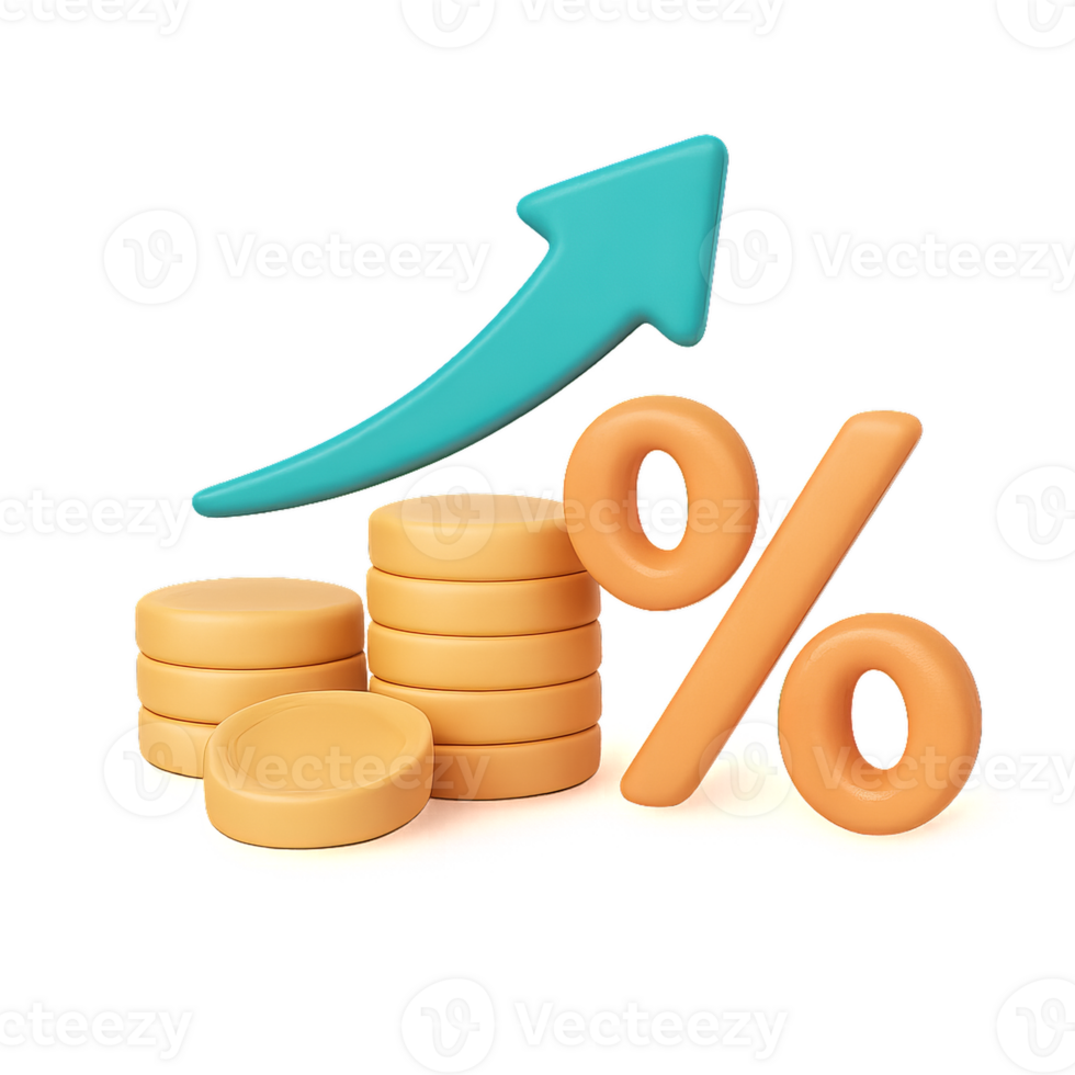 3D Coins Growth Visualization with Progress Arrow and Percentage Sign png