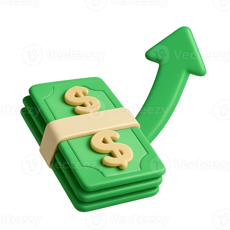 3D Illustration of Money Growth Concept with Cash Stacks and Arrow png