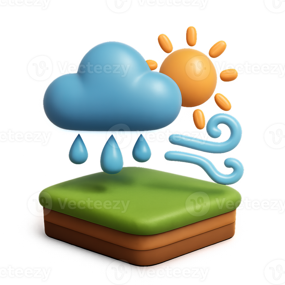 3D Simple Ecosystem Elements with Sun, Cloud, Rain, and Grass png