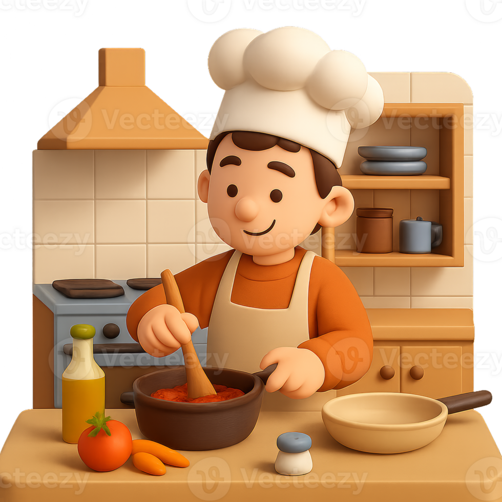 Cartoon Chef Preparing a Simple Delight in a Cozy Kitchen Scene png