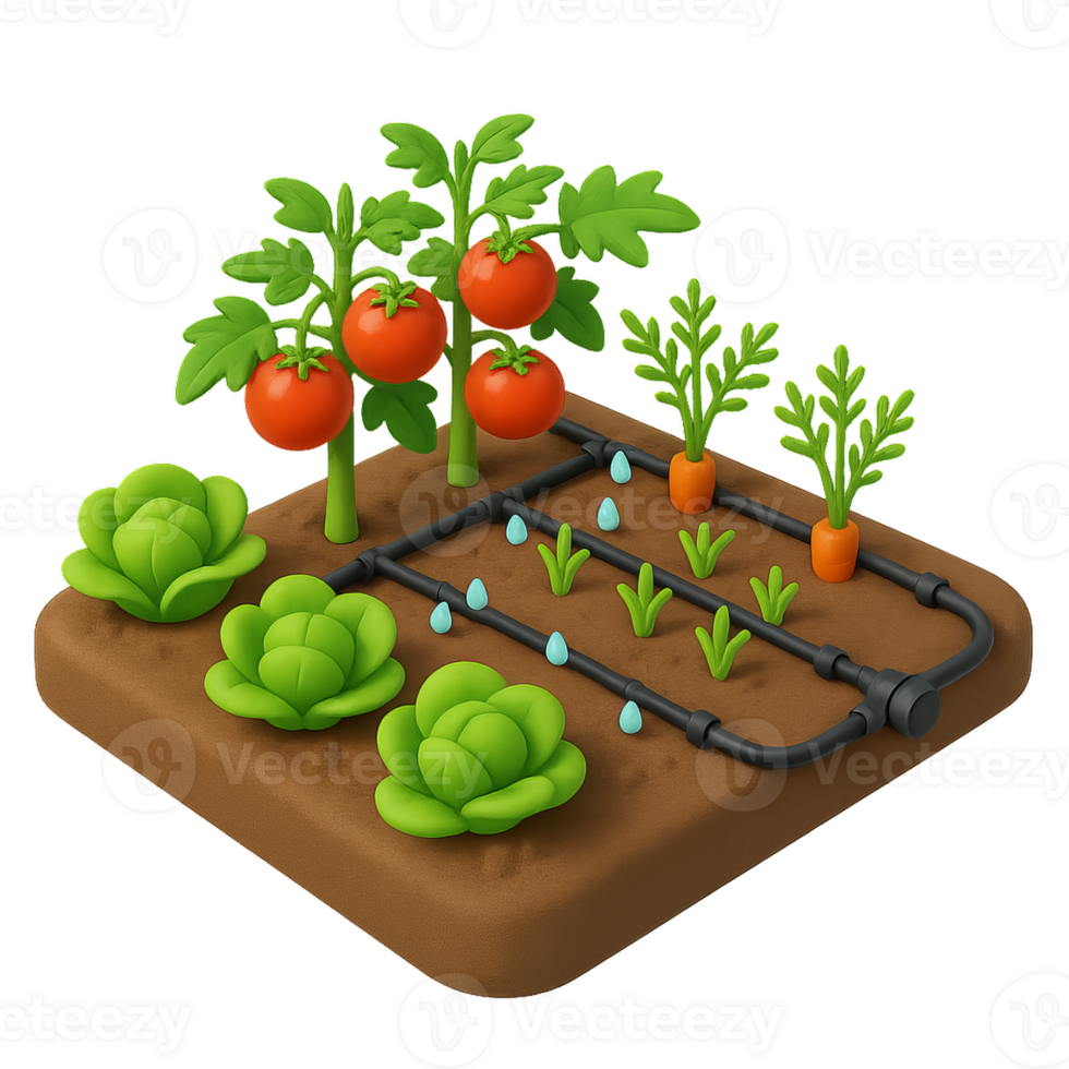 3D Simple Vegetable Garden with Irrigation System and Fresh Produce png