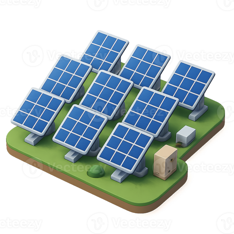 Simple 3D Solar Farm Composition with Solar Panels and Landscape png