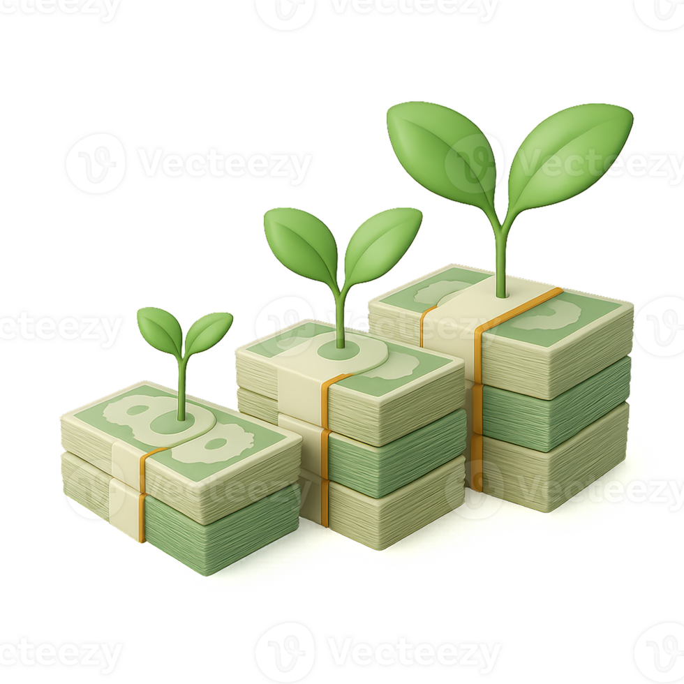 Growth of Currency with Green Plant Sprouts on Stacked Money Bills png