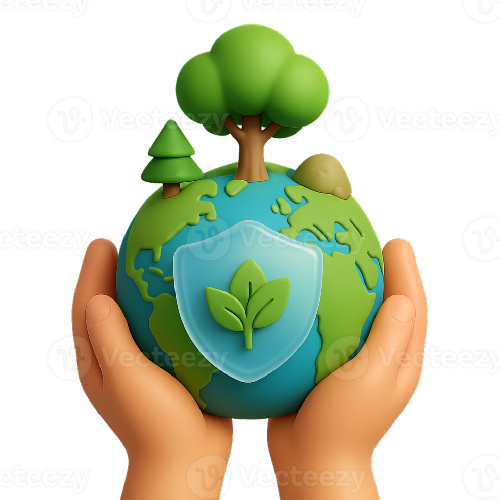 3D Hands Holding Earth with Leaf Symbol for Nature Conservation png