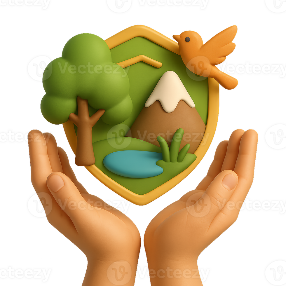 Colorful 3D Nature Scene with Hands Embracing Environmental Conservation png