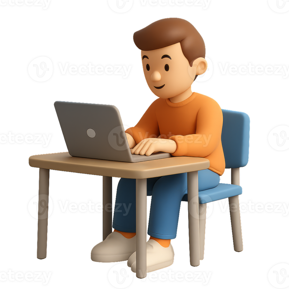 3D Character Working on Laptop at a Simple Modern Workspace png