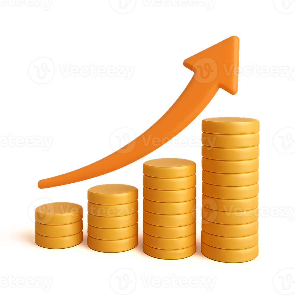3D Coin Growth Chart with Simple Design and Rising Arrow Effect png