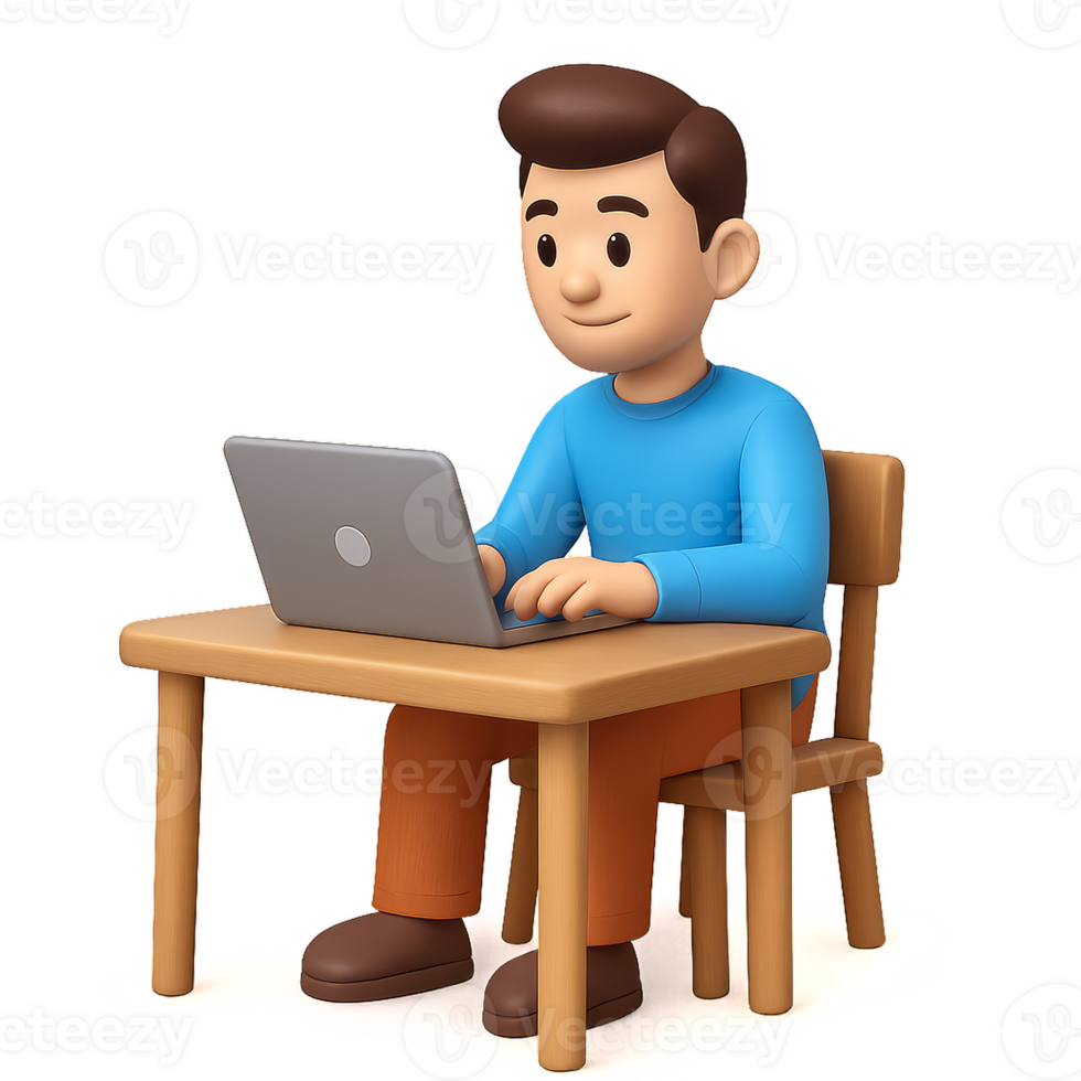 Young Person Working on Laptop at Simple Wooden Table png