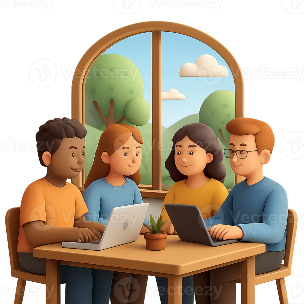Group of Friends Collaborating at Table by Window in Simple Setting png
