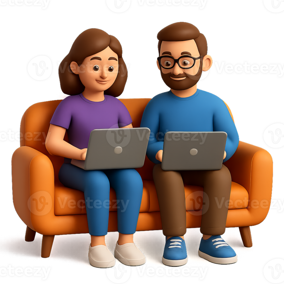Cozy Remote Work Vibes with Couple on Sofa Engaged in Laptops png