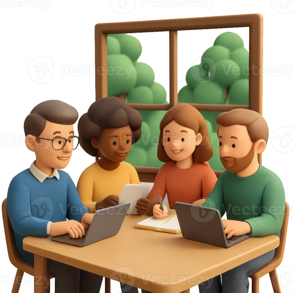 Group of Diverse Friends Working Together at a Table by a Window png