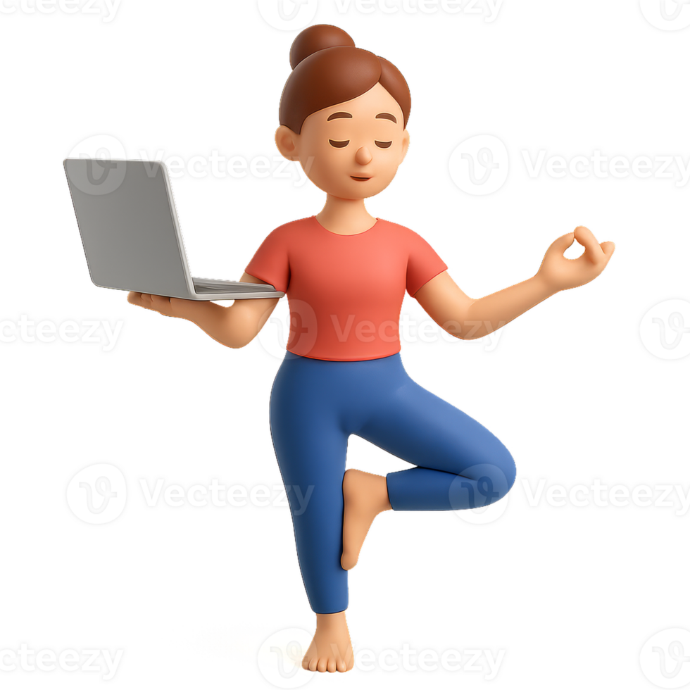 3D Character Practicing Yoga Pose with Laptop in Modern Environment png