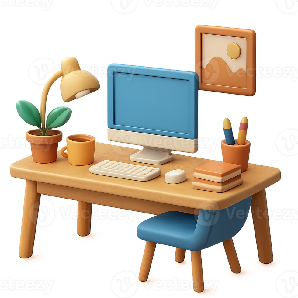 Modern 3D Rendering of a Simple Home Office Desk Setup png