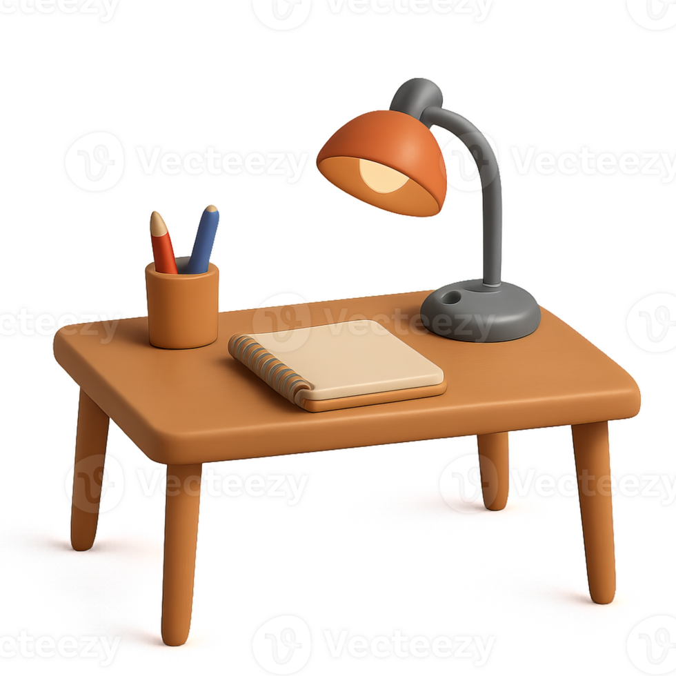 Simple 3D Desk Setup with Lamp and Stationery Essentials png