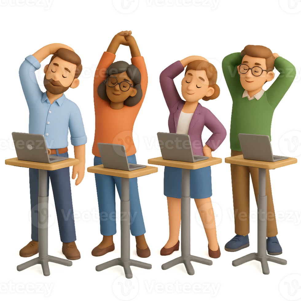 Office Workers Stretching to Enhance Productivity and Wellness png