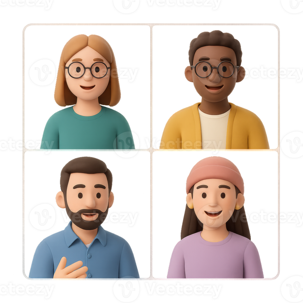 Four Diverse Characters Engaged in Virtual Meeting or Discussion png