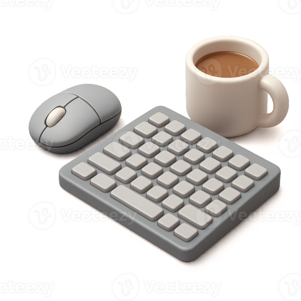 Tech Essentials Trio for Productivity Keyboard Mouse and Coffee png
