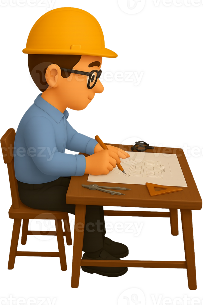 3D Architect Sitting at Desk Drawing Building Plan png